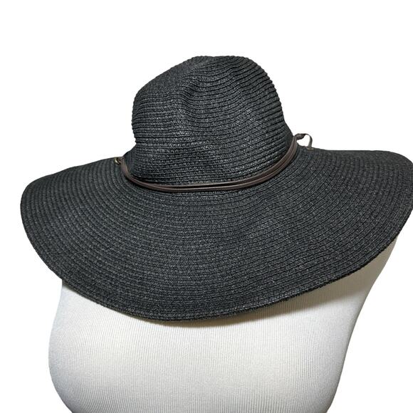 Peter Grimm Resort Wide Brim Floppy Hat Leather Cord UPF Black Brown One Size - Picture 1 of 11